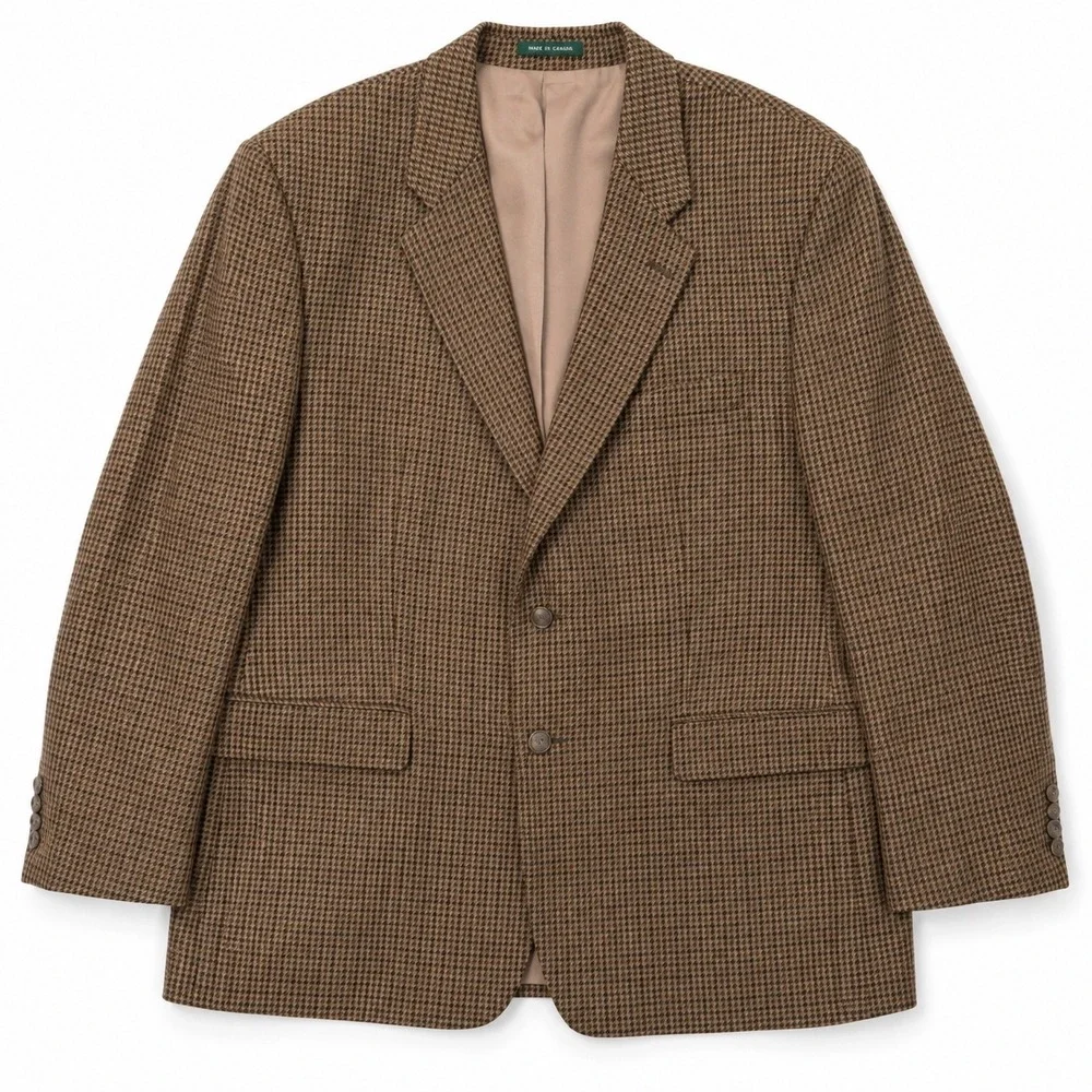 Lauren Ralph Houndstooth Sports Coat Blazer Mens 44R Brown Lambswool Tweed